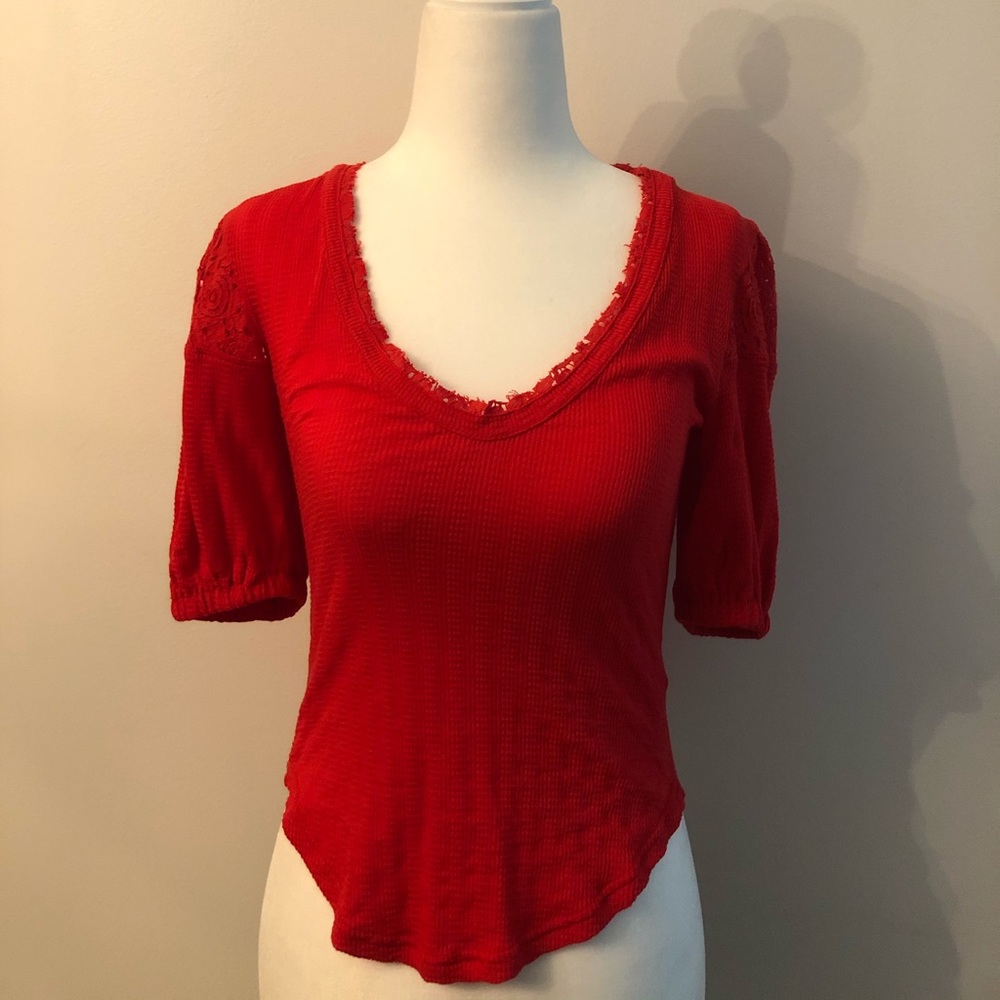 Free People Red Crotchet Puff Sleeve Top XS